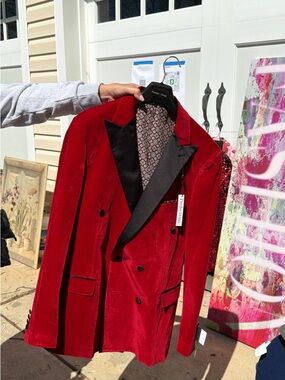 Paisley & Gray Red Velvet Double-Breasted Jacket with Black Satin Lapel